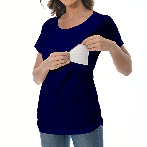Women Nursing Tops Maternity Clothes Breastfeeding Shirts Double Layer Pregnancy Tees Postpartum Knits Navy #TOP3