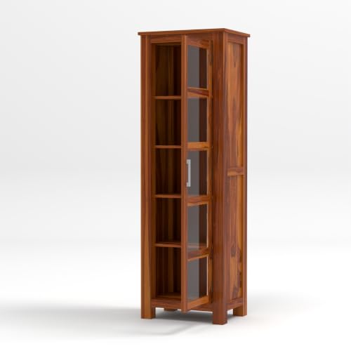 Image of Solid Sheesham Wood Display Cabinet with Acrylic Glass Door | Wooden Bookshelf & Bookcase Storage Cabinet for Living Room, Home Office & Bedroom