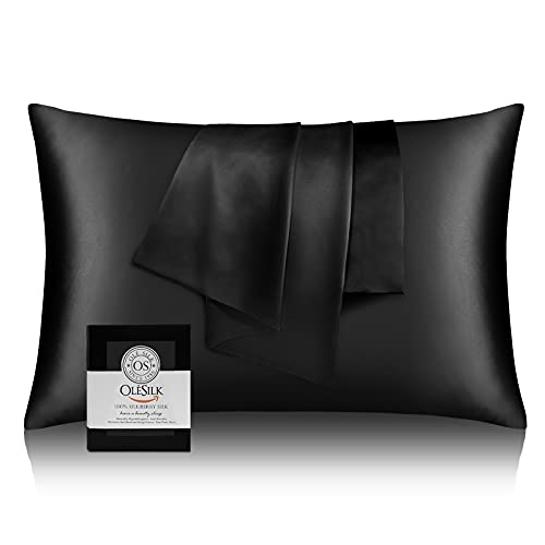 OLESILK 100% Mulbery Silk Pillowcase with Hidden Zipper for Hair and Skin, Both Sides 19mm Charmeuse Gift Box 1pc - Black, 40x60cm Cover
