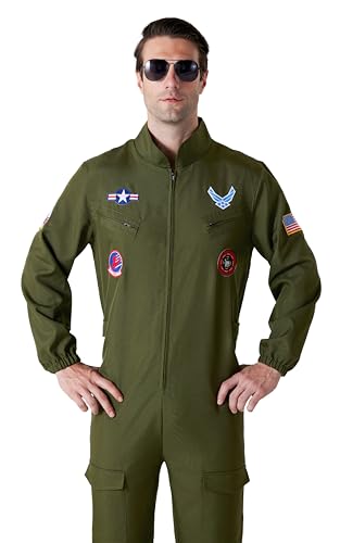 Maxim Party Supplies Men's Air Force Pilot Costume Jumpsuit with Embroidered Patches, Functional...