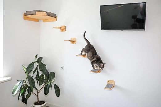 ANAIZA Wall Mounted Wooden Cat Bed – Space-Saving Wall Shelf for Cats with Soft Washable Cushion | Indoor Cat Furniture | Elevated Cat Lounger & Sleeping Shelf (Corner CAT Bed) 4