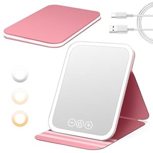NXPZ Kosmetikspiegel mit Beleuchtung, Wiederaufladbarer Tragbarer Spiegel, Ultra HD Klappbarer Reisespiegel, 3 Lichtfarben, Helligkeit Einstellbar, Mit Speicherfunktion, Ideal für Reisen Und Zuhause