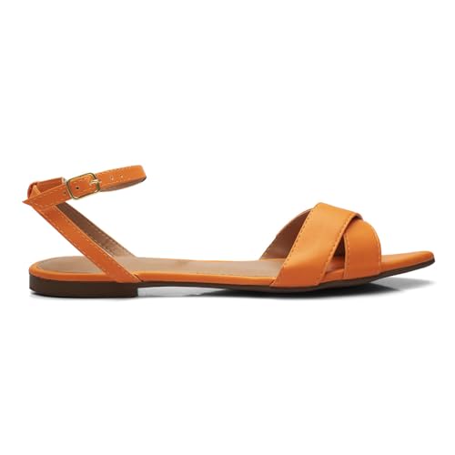 Sandália Feminina Rasteirinha Fivela Bico Folha Fino Moda (39, Laranja)