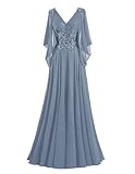 Short Sleeve Mother Dresses of Groom Long Ball Gown for Women Beaded Formal Dresses with Slit Steel Blue Size 12