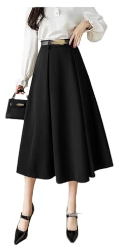 Women's High Waist A Line Midi Skirt Solid Loose Swing Office Skirt with Belt
