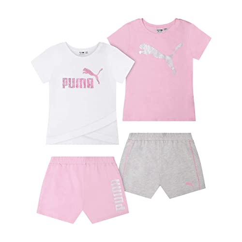 Puma Youth Girl s 4 Piece Outfit Set, 2 Shirts, 2 Shorts (Light Pink White, Small(7 8))