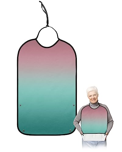 Kewadony Adult Bibs for Elderly Women - Green Pink Ombre Waterproof Dining Clothing Protectors with Crumb Catcher for Eating/Feeding, Gradient Pink Green Terry Cloth Bib Machine Washable