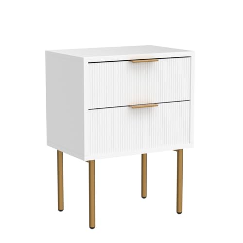 Masupu Nightstand,Mid-Century Modern Bedside Table with 2 Storage Drawer,Small Gold Frame Side End Table for Bedroom,Living Room, White