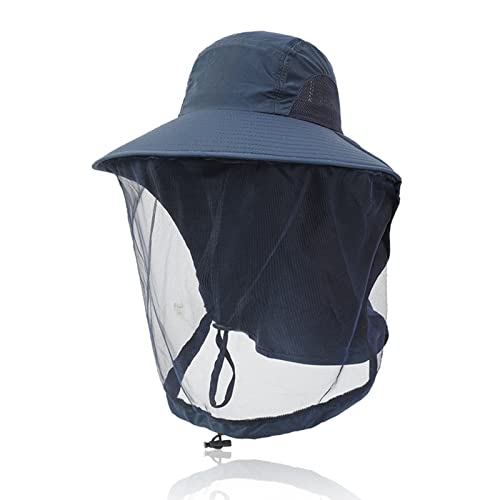 GUSTAVE® Hat for Men, Adjustable Men's Bucket Hat for Men with Mosquito Net, Round Cap UV Protection Neck Flap, Breathable Quick-Dry Fabric for Hiking, Fishing & Gardening Navy Blue