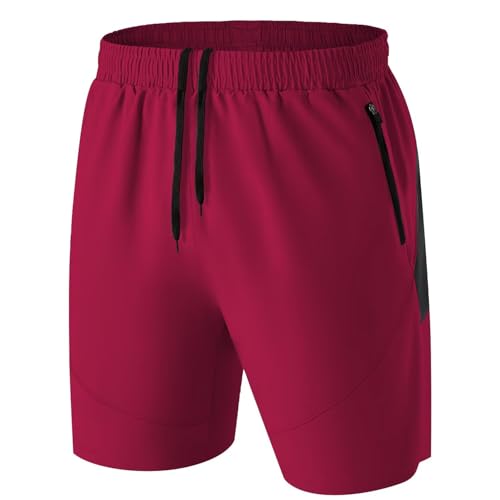 HMIYA Herren Sport Shorts Kurze Hose Schnell Trocknend Sporthose Leicht mit Reißverschlusstasche(Rot,EU-XL/US-L)