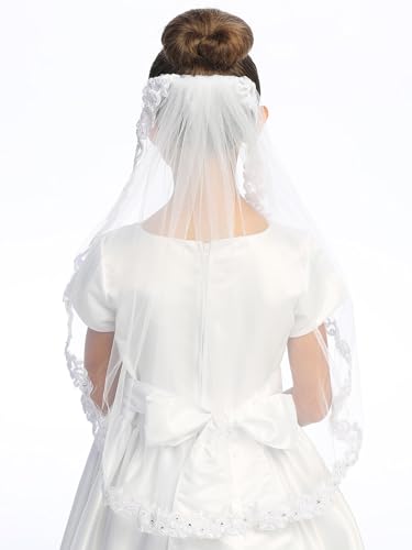 Swea Pea & Lilli Girls First Communion Veil - White Holy 1st Communion Headpiece with Comb, Corded Lace Trim, and Rhinestone Accents3
