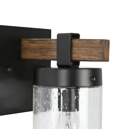 Image of Sconces Wall Lighting, 1-Light Black and Faux Wood Wall Sconce Light, Modern Bedroom Bathroom Wall Sconces Indoor with Seeded Glass Shade