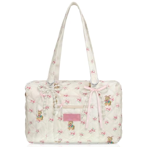 Coquette Bag White Pink Floral Bag Cute Quilted Duffle handbag for Women Shoulder Purse with 2 Pcs Bow Pearl Keychain for Christmas Gifts Business Travel Family Trip