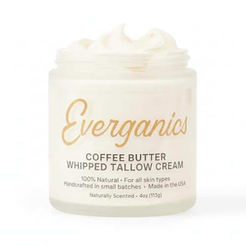 Everganics Organic Matcha-Infused Whipped Tallow Cream for Skin | Grass-Fed Beef Tallow Natural Moisturizer for Face & Body | Made in USA | 4 oz (Large Size)