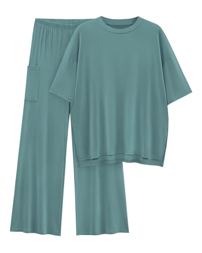Image of KIRUNDO 2 Piece Lounge Sets for Women Airport Travel Vacation Outfits Summer Casual Loose Short Sleeve Tops & Wide Leg Pants