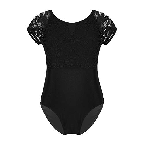 JEATHA Kids Girls One Piece Lace Splice Ballet Dance Costumes Gymnastics Leotard Bowtie Shaped Cutout Back Dancewear Black 10-12 - Thumbnail 4