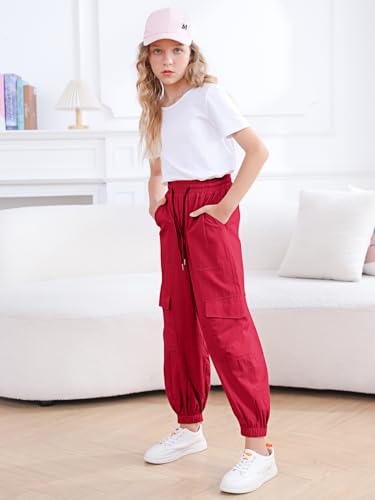 Image of Girls Cargo Pants Elastic Waist Casual Jogger Pants for Girls Streetwear Loose Parachute with Pockets 7-14Years