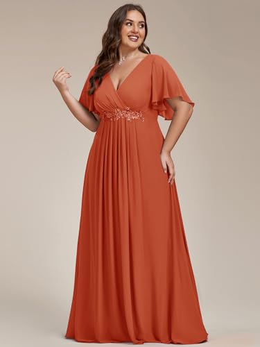Image of Ever-Pretty Short Sleeves V Neck Plus Size Formal Dresses for Curvy Women Chiffon Mother of The Bride Dress Evening Gowns
