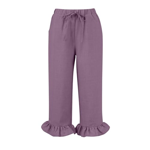 Linen Capri Pants for Women Cute Summer Loose Ruffle Drawstring High Waisted Lounge Wide Leg Pants with Pockets Bottoms3