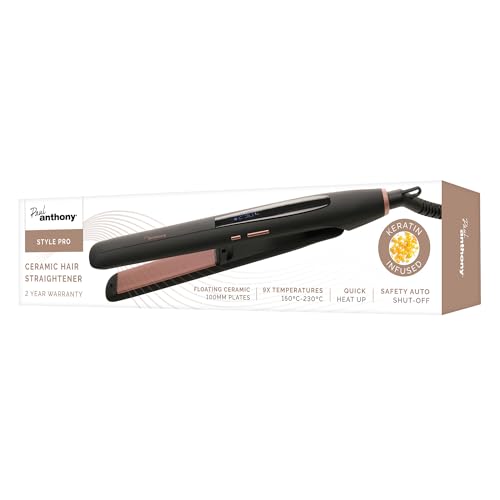 Paul Anthony 'Stylepro' Ceramic Hair Straightener With Keratin, 9X Temperatures 150C To 230C, Led Display, 60 Minute Auto Shut-Off - H2214