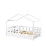 Bellabino Bia Kinderbett 120x200 cm – Hausbett mit Rausfallschutz, Lattenrost & 2 Schubladen – Montessori Kinder Bett aus Massivholz Kiefer – Bett für Jungen und Mädchen mit Stauraum in Weiß