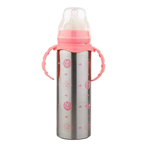 Chinmay Kids Stainless Steel Multifunctional 3 in 1 Thermosteel Milk Feeding Bottle for New-Born/Toddler with Straw Sipper and Nipple | BPA Free | 240 ml Capacity (Pink)