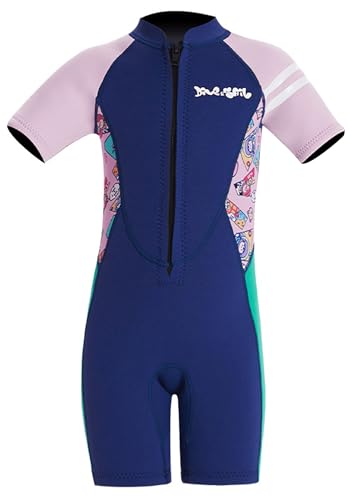 Neoprene 2.5mm Wetsuit for Kids Girls Children Warm Swimsuit Short Sleeve One Piece Shorts Swimwear Front Zipper UV Protection Diving Suit Rash Guard Navy Blue S