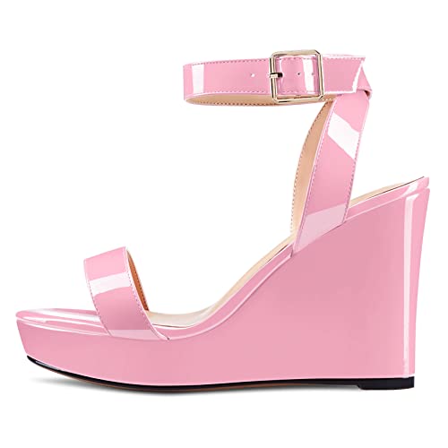 Image of Aachcol Women Platform Wedge Sandals Round Peep Open Toe Ankle Strap Slingback Two-Piece Chunky Block High Heel Dress Shoes Pumps Party Patent 4 Inch