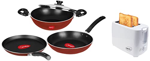 Pigeon Basics Induction Base Non Stick Aluminium Cookware Set, Including Nonstick Flat Tawa, Nonstick Kadai with Glass Lid, and Nonstick Frying Pan, (Terracotta Brown) & 750W Pop up Toaster, White
