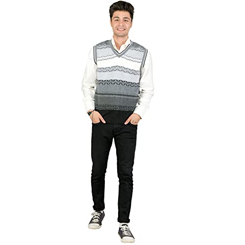 Image of Men Woolen V-Neck Printed Design Sleeveless Pullover Heavy Rainbow Fabric Winter Wear Pure Wool Cardigan Regular Coaty Fully Warm Heavy Pullover Cardigans Free Sizes