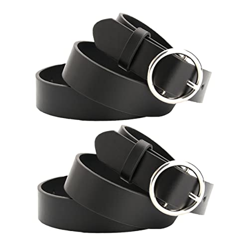 2Pcs Classic Women Jeans Waist Belt with Retro Round Buckle Fashionable Black Waistband for Casual Outfits for Ladies