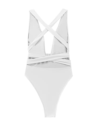 Image of Lilosy Sexy Tie Criss Cross Plunge One Piece Thong Swimsuit High Cut Brazilian Bathing Suit