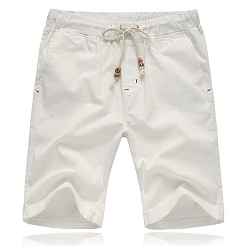 JustSun Short Homme Coton Short Court Homme Ete Lin avec Poche Blanc L