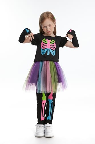 LMYOVE Girls Skeleton Costume Glow in The Dark Punk Bones Halloween Tutu Dress for Kids Deluxe Costumes Set for 3-12Y