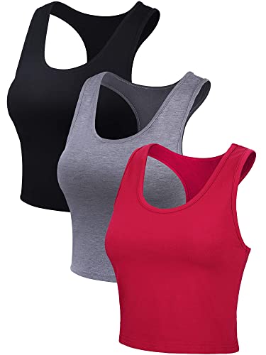 Boao 3 Pieces Crop Tops For Women, Workout Tops Basic Cropped Tank Tops Sleeveless Racerback Sports Gym Crop Tank For Teen Girls (Black, Dark Grey, Red, Small) #TOP5