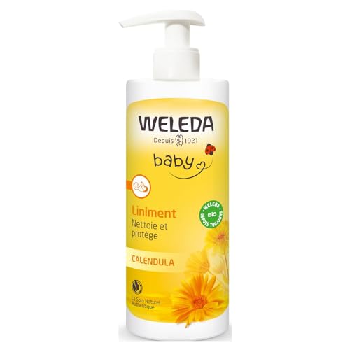 WELEDA Baby - Liniment – Soin Nettoyant Pour Le Change, Liniment Bébé Au Calendula, Huile D’Olive Bio, Nettoie, Prévient Rougeurs Et Apaise Siège Bébé, Vegan, NATRUE, Fabriqué en France, 400ml