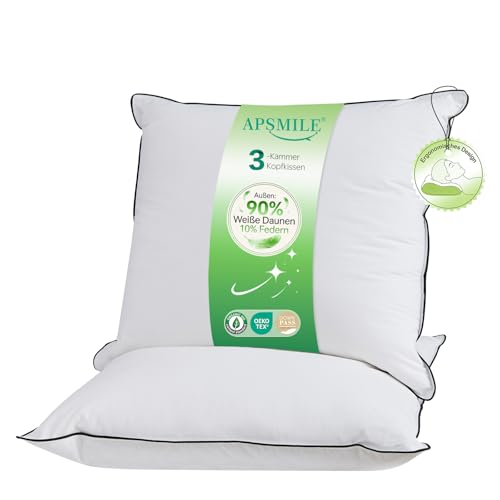 APSMILE Premium Daunenkissen 80x80 (2 Stück) | 90% Weiße Daunen Außen | Federmischung Innen | Kopfkissen Ergonomisches Design für höchsten Komfort | Weicher Bio-Baumwollbezug | je 1420g Füllgewicht