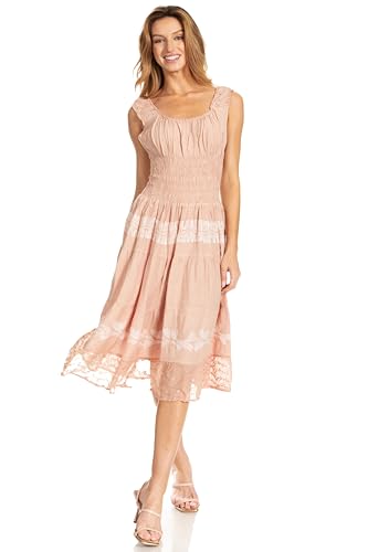 Image of Sakkas Alba Women's Off The Shoulder Smock Ruffle Midi Dress Tie Dye & Embroidery