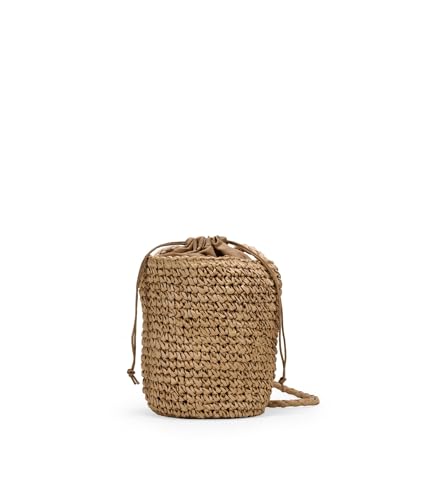 BOSANOVA Bolso Estilo Saco de tamaño pequeño confeccionado en Material de Esparto con Detalle de asa de Cruzar y Cierre de Lazo Fruncido con Bolsa Interior. Tostado U