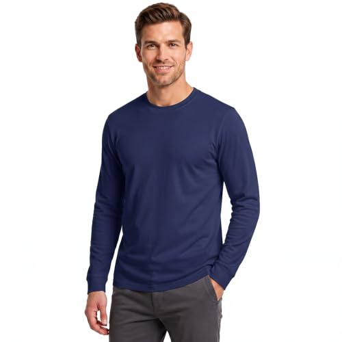 Image of Men's Long Sleeve T-Shirt 100% Cotton Plain Crew Neck Casual Regular Fit Soft Basic Tee for Men
