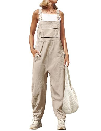 ZESICA Womens Sleeveless Overalls Jumpsuit Casual Loose Adjustable Straps Bib Long Pant Jumpsuits with Pockets Apricot Small