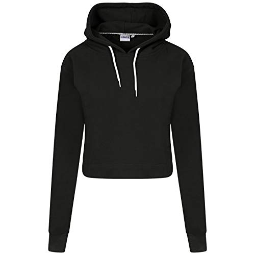 Ladies Crop Hoodie Women Pull Over Plain Casual Short Hooded Sweat Shirt Top, Black XS