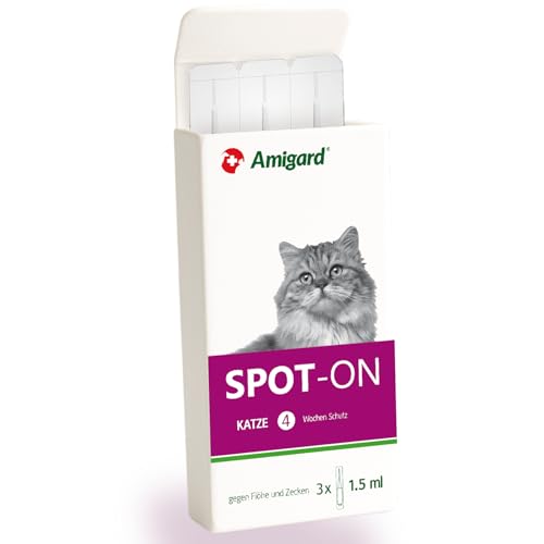 Amigard Spot-On 3er Pack für Katzen, gegen Zecken und Flöhe, 3X 1 Monat Schutz, pflanzliche Wirkstoffe, ohne Parfüm und Konservierungsmittel, vegan