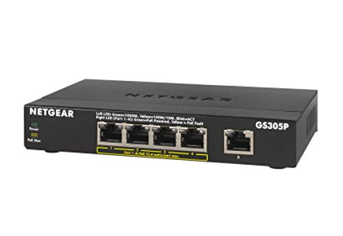Netgear GS305Pv2 Switch Gigabit 5 Puertos 10/100/100, 4 Puertos PoE+ de 63W, Switch ethernet, Montaje de sobremesa, Caja de Metal sin Ventilador Cover