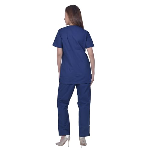 Image of UNISEX V-NECK POLYESTER COTTON MEDICAL SCRUB SUIT FOR DOCTORS (TOP AND BOTTOM) TRIPLE NEEDLE STITCH TOP WITH CHEST POCKET, NAVY BLUE, 46-3XL.