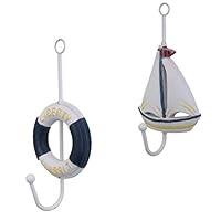 2pcs Beach Theme Wall Hooks Towel Hat Coat Hangers Rustic Wall Nautical Decorative Hangers - Mediterranean Life Buoy + Boat