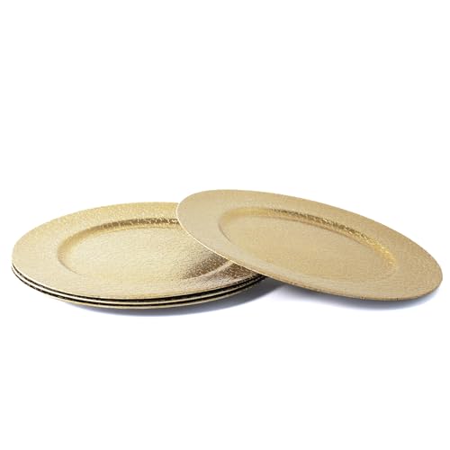 Rammento Set di 4 piatti piani da 33 cm in plastica dorata testurizzata, stoviglie lucide, eleganti stoviglie per occasioni speciali e raduni, piatti di ricarica riutilizzabili per cene e feste