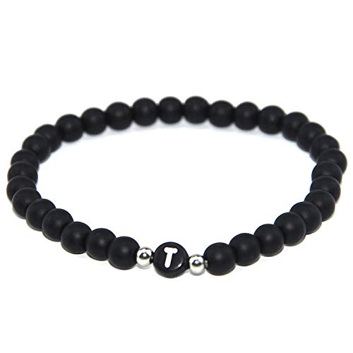 LMRJHAZ Stone Bracelet,Natural Stone Beaded Bracelet, 6Mm Black Frosted Stone Bracelet 26 English Letters T Letter Bracelet Beaded, Personalized Clothing Accessories