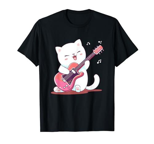 Cute rock cat playing guitar guitarist music musician kawaii T-Shirt