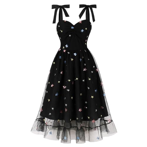 Image of ODIZLI Women's 1950s Retro Vintage Dress Adjustable Spaghetti Straps Mesh Strawberry /Flower /Cherry Swing Dress Cocktail Dress